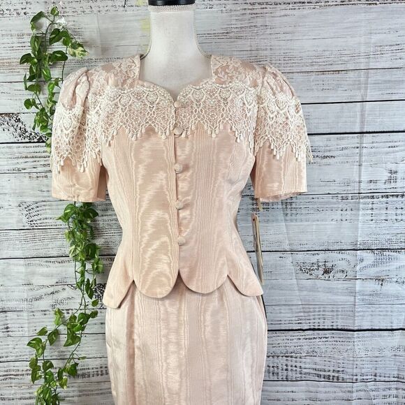 Vintage Scott McClintock Skirt Suit size 8 Pink Taffeta Lace 80's Wedding Prom - Picture 4 of 16